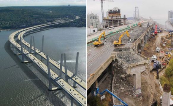 Photo credit: NYnewbridge.com, California Department of Transportation | At left, an artist's rendition of the design for the new Tappan Zee Bridge that was selected by the state Thruway Authority. At right, work under way to demolish old ramps leading to the Bay Bridge on the Oakland, Calif. end.